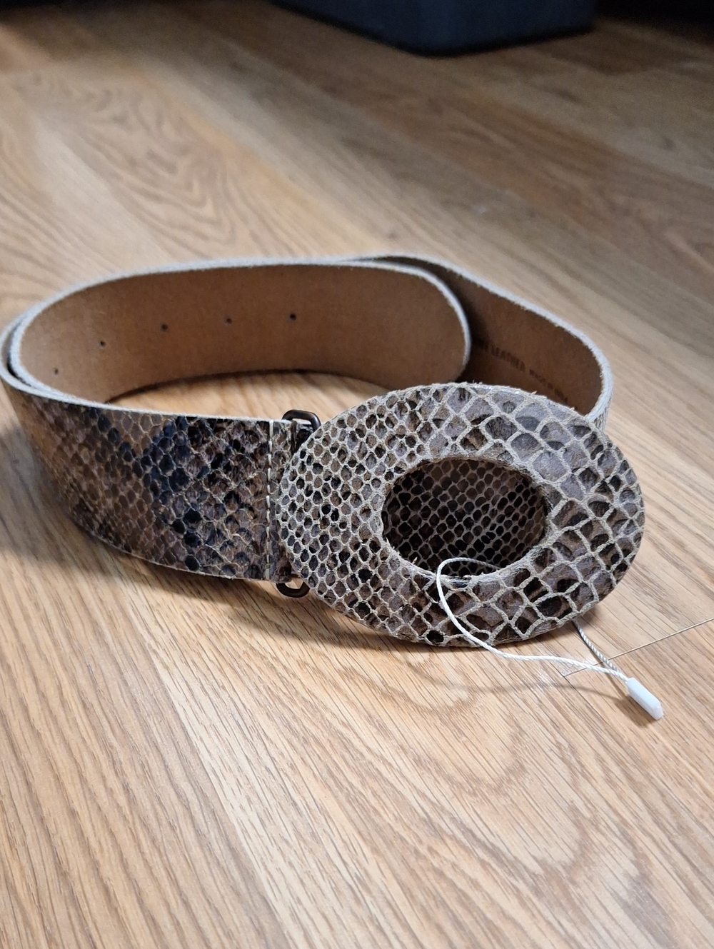 Chico's Faux Snakeskin Tan and Brown Belt with Round Buckle